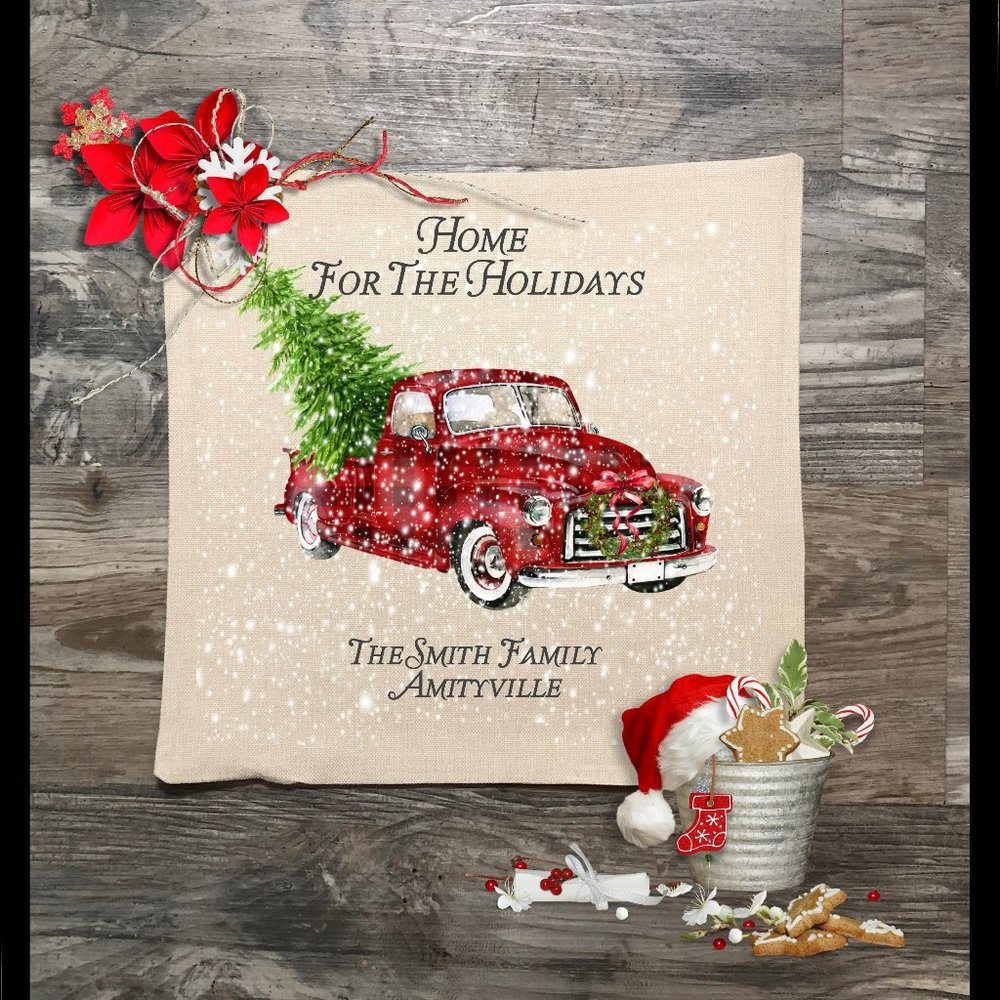 Personalized Red Truck Holiday Pillow